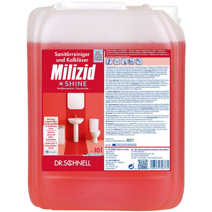 Een 10-liter container Dr. Schnell MILIZID SHINE sanitairreiniger en kalkverwijderaar van DR.SCHNELL GmbH & Co. KGaA, met Duitse tekst en afbeeldingen van een wastafel en een toilet op het etiket.