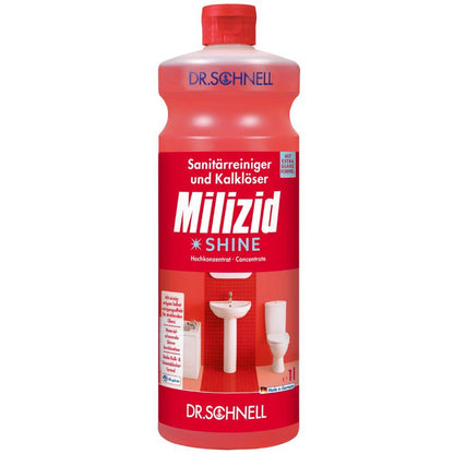 Een rode 1-liter fles Dr. Schnell MILIZID SHINE sanitairreiniger en kalkverwijderaar van DR.SCHNELL GmbH & Co. KGaA, een milieuvriendelijke badkamerreiniger met Duitse tekst en afbeeldingen van een wastafel en een toilet op het etiket.