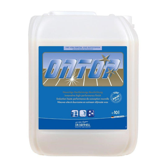 De DR.SCHNELL ONTOP vloercoating in een jerrycan van 10 liter is een witte kunststof jerrycan met een blauw etiket, een schroefdop en een vermelding van de lange houdbaarheid. Ideaal voor milieuvriendelijk vloeronderhoud van DR.SCHNELL GmbH & Co. KGaA.