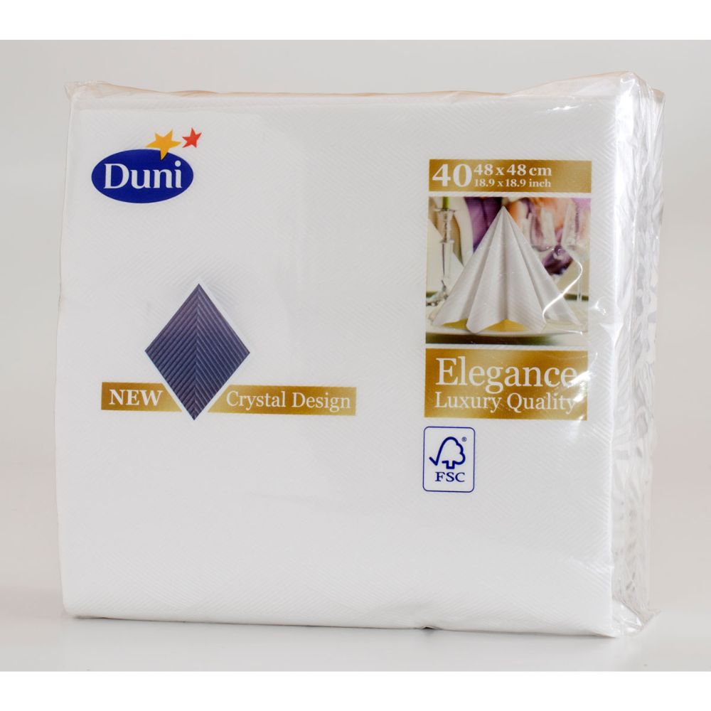 Een verpakking met 40 witte Duni GmbH Elegance-servetten Crystal servetten (48 x 48 cm, 1/4 vouw) met een kristalontwerp en een FSC-logo in de rechterbenedenhoek.