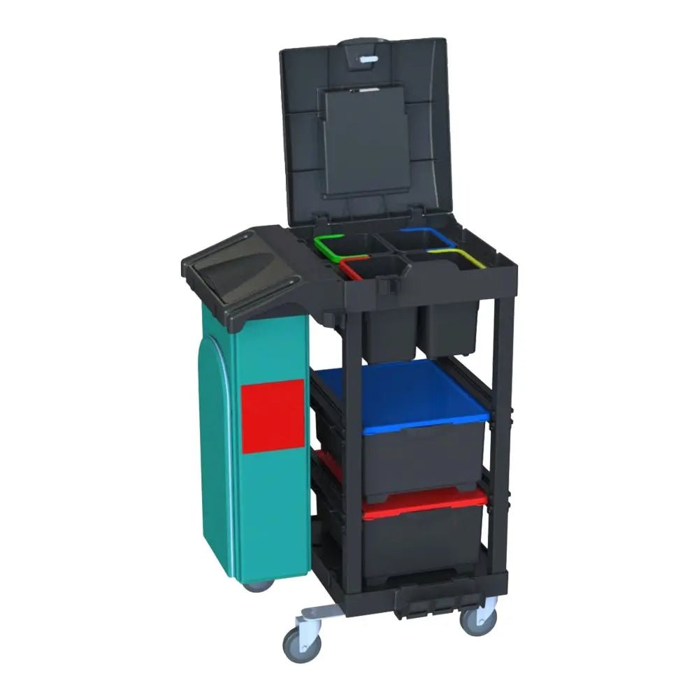 De Arcora Ecoblack 140 van Arcora International GmbH is een zwarte en blauwgroene rolwagen (740 x 600 x 1100 mm) met bakken, schalen, een zijafvalbak en een open, gedeeld dak - perfect voor schoonmaakmiddelen of milieuvriendelijke karton.
