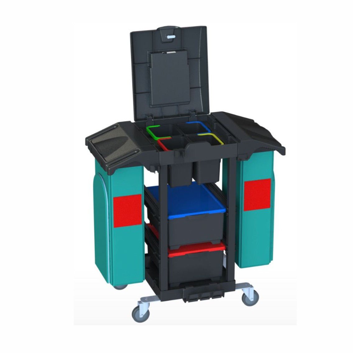 De Arcora Ecoblack 150 (1030 x 600 x 1100 mm) schoonmaakkar van Arcora International GmbH heeft een zwart frame, zijvakken en vier gekleurde bakken voor het eenvoudig organiseren van uw verzendverpakkingen. Wordt als één stuk in de doos geleverd.
