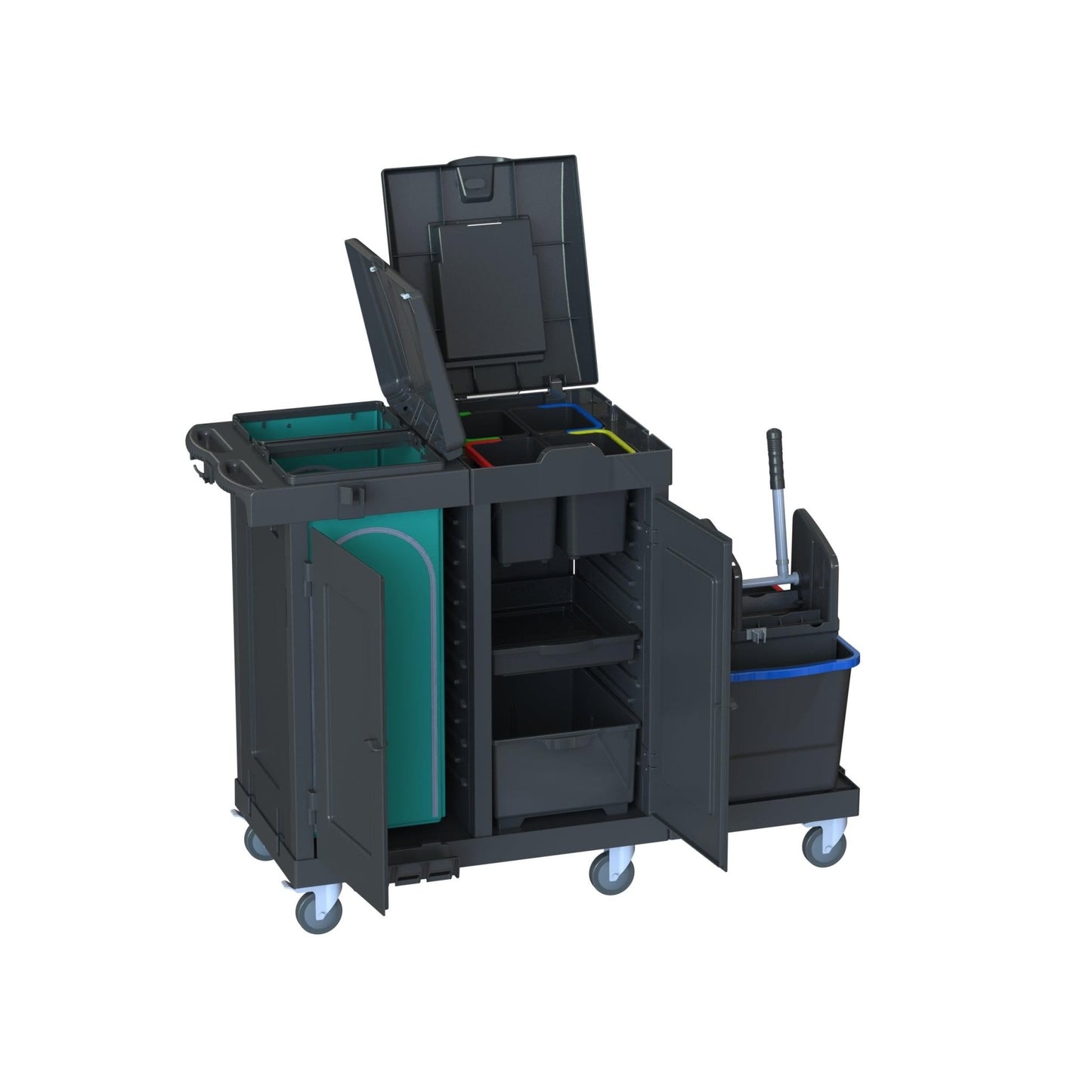 De Arcora Ecoblack 750 wagen (1410 x 680 x 1100 mm) van Arcora International GmbH biedt open vakken, opbergvakken, schalen en een mop-emmer met uitwringvoorziening - ideaal voor het verzenden van verpakkingsmateriaal. De levering vindt plaats als enkele verpakking (doos 1 stuk).