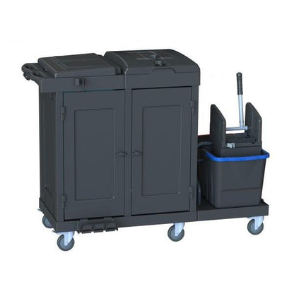 De schoonmaakwagen Arcora Ecoblack 750 van Arcora International GmbH (1410 x 680 x 1100 mm, doos 1 stuk) beschikt over twee vakken, een mop-emmer met uitwringvoorziening, vier zwenkwielen en een handgreep - ideaal voor het transport van verzendverpakkingsmateriaal.