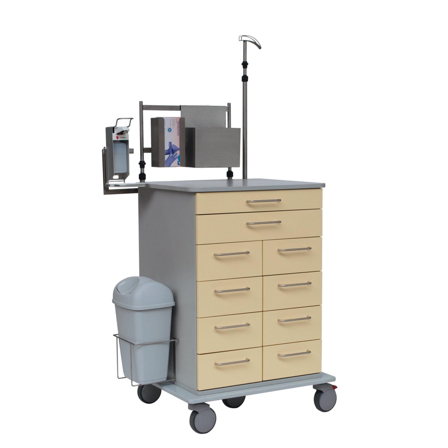 De Novocal endoscopiewagen beschikt over een stabiel volkunststof plaatonderstel, negen beige laden, een grijs werkblad, een prullenbak, documentenvakken, een infuusstandaard en wielen - perfect voor flexibel gebruik in medische instellingen.