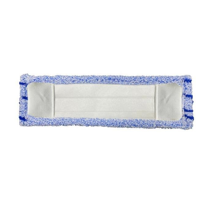 De Arcora Flachpressmopp Runner Blue 2.0 van Arcora International GmbH heeft een witte speciale polyester kern, blauwe microvezelranden en is afgebeeld op een effen witte achtergrond. Verpakt in kartons van 75 stuks met voorblad speciale polyestertas.