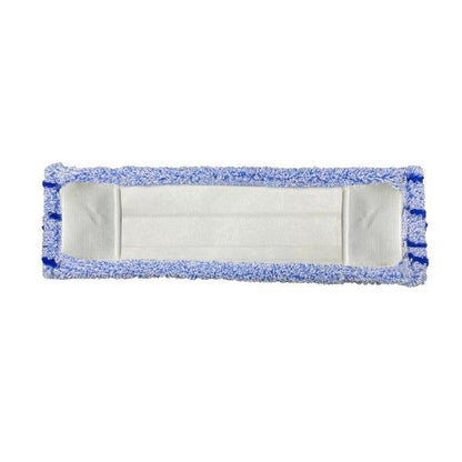 De Arcora Flachpressmopp Runner Blue 2.0 van Arcora International GmbH heeft een witte speciale polyester kern, blauwe microvezelranden en is afgebeeld op een effen witte achtergrond. Verpakt in kartons van 75 stuks met voorblad speciale polyestertas.