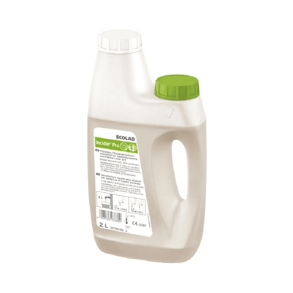 Een 2-liter Altruan uitlopend artikel: Ecolab Incidin™ Pro oppervlaktedesinfectiemiddel verpakking (100 stuks), in een witte fles met dubbele dop, geïntegreerde handgreep en frontlabel - ontworpen voor een effectieve oppervlaktedesinfectie.