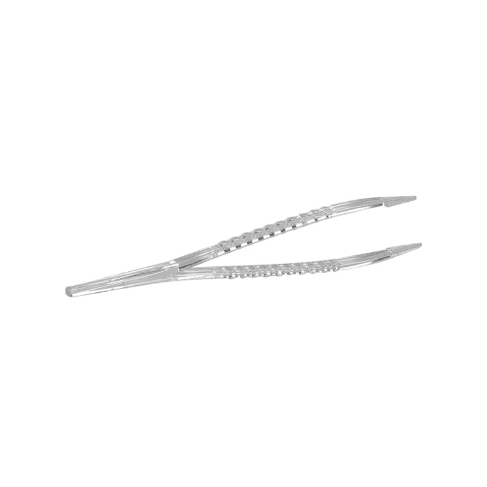 Een paar steriele Mediware wegwerp-pincetten van Servoprax GmbH met gestructureerde grip en nauwkeurig anatomisch ontwerp wordt gepresenteerd tegen een eenvoudige witte achtergrond.