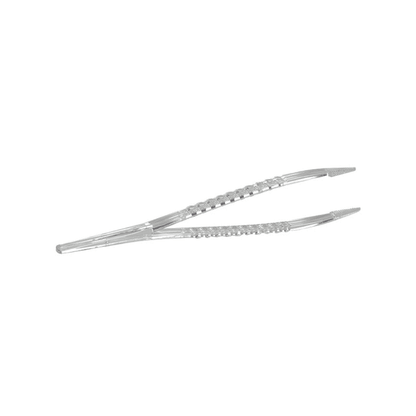 Een paar steriele Mediware wegwerp-pincetten van Servoprax GmbH met gestructureerde grip en nauwkeurig anatomisch ontwerp wordt gepresenteerd tegen een eenvoudige witte achtergrond.