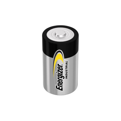 Een cilindrische batterij met een metalen behuizing en een zwarte bovenkant. Op de behuizing is het merk 'Energizer Industrial' in zwarte en gele letters gedrukt. Deze Energizer Alkaline batterij, C/Baby, 1,5 V | Verpakking (12 stuks) van Energizer Deutschland GmbH heeft een standaard aansluitingspunt bovenaan. Het ontwerp is eenvoudig en praktisch.