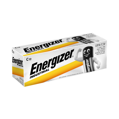 Een doos Energizer Alkaline batterij, C/Baby, 1,5 V | Verpakking (12 stuks) van Energizer Deutschland GmbH. De verpakking in wit, geel en grijs toont duidelijk het Energizer-logo en een afbeelding van een batterijfiguur. De doos bevat 12 C/Baby 1,5 V Energizer Alkaline-batterijen en zorgt voor langdurige energie voor uw apparaten.