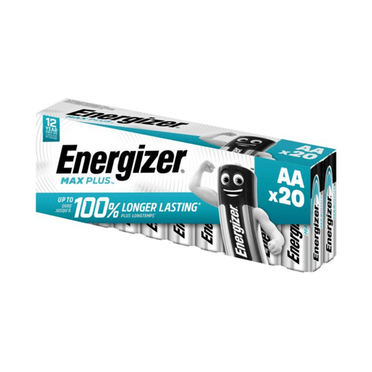 Op de afbeelding is een verpakking van 20 stuks Energizer Max Plus Mignon AA-batterijen van Energizer Deutschland GmbH te zien. Op de verpakking wordt reclame gemaakt met een „100 % langere levensduur“ en een houdbaarheid van 12 jaar. De merknaam „Energizer Max Plus“ is prominent afgebeeld, samen met de afbeelding van een batterijfiguurtje met armen, wat de lange levensduur en betrouwbaarheid van de batterij onderstreept.