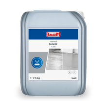 Ein 8 kg Kunststoffkanister Induseal Cover Versiegelung grau von BUZIL-WERK Wagner GmbH & Co. KG, mit einem blau-weißen Etikett mit Produktangaben, dem Buzil-Logo und Abbildungen von behandelten Böden für erhöhte Widerstandsfähigkeit.