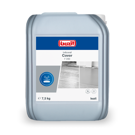 Ein 8 kg Kunststoffkanister Induseal Cover Versiegelung grau von BUZIL-WERK Wagner GmbH & Co. KG, mit einem blau-weißen Etikett mit Produktangaben, dem Buzil-Logo und Abbildungen von behandelten Böden für erhöhte Widerstandsfähigkeit.