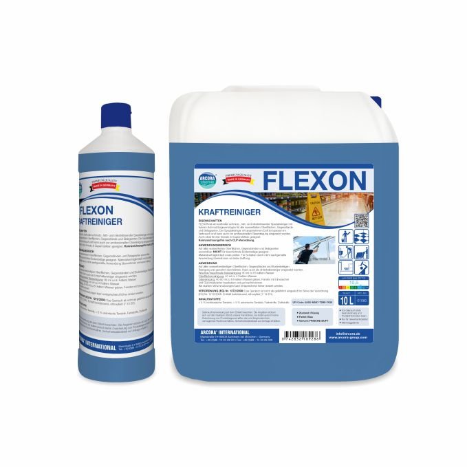 Afgebeeld zijn twee Arcora FLEXON KRACHTREINIGER verpakkingen van Arcora International GmbH: een hoge fles en een grote 10-liter jerrycan, beide met blauw-witte etiketten waarop de productgegevens van de krachtige reiniger staan.