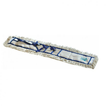 Een rechthoekige, witte Arcora FEUCHTWISCHMOPP van Arcora International GmbH van microvezel met beige franje randen, blauwe stofafwerking en zakken is plat afgebeeld op een witte achtergrond.