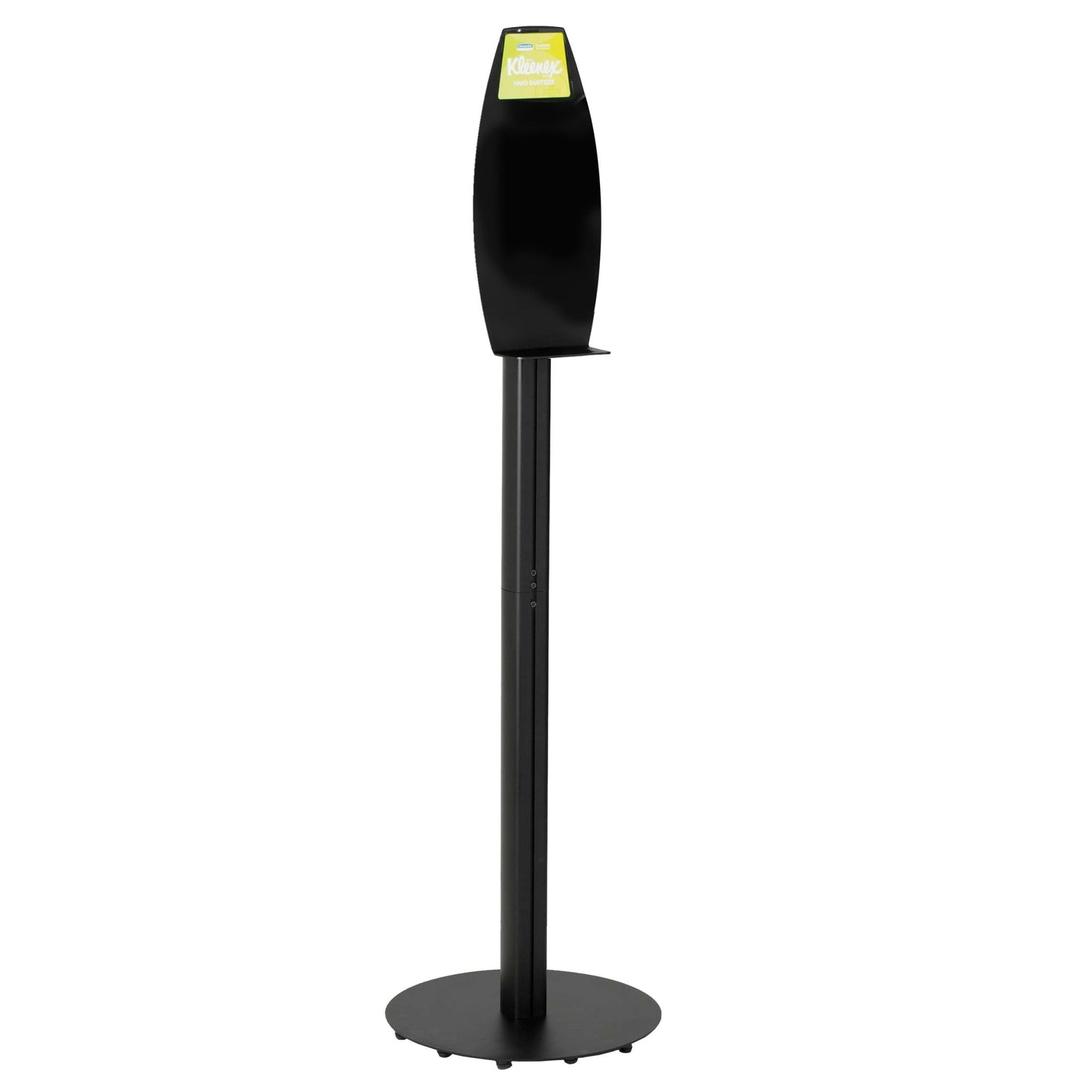 De zwarte Kimberly-Clark Professional™ Elektronische Waslotionen Standaard heeft een ronde voet, een rechtopstaande rechthoekige houder, een klein plankje en een groen bord - ideaal voor hygiënische handreiniging in openbare ruimtes. 1 dispenser per doos. Merk: Kimberly-Clark GmbH.