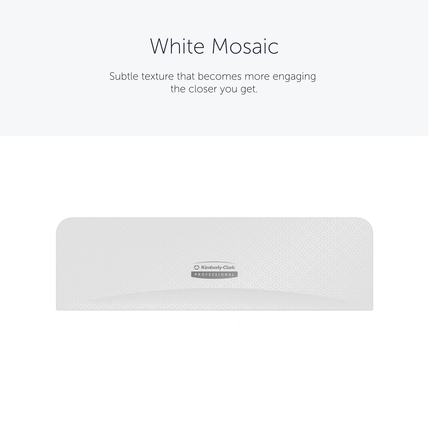 Die Kimberly-Clark Professional™ Icon™ Dispenser Faceplate - SRBH (32,39 x 10,80 x 3,18 cm) der Kimberly-Clark GmbH zeichnet sich durch ein weißes Mosaikmuster mit einer subtilen geometrischen Struktur und dem Schriftzug Kimberly-Clark Professional" in der Mitte der Vorderseite aus.
