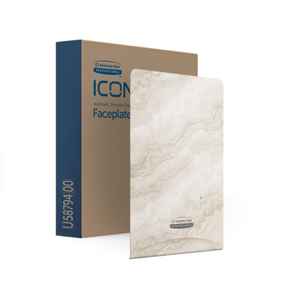 Ein Kimberly-Clark GmbH Professional™ Icon™ Dispenser Faceplate für eSkinCare (20,32 x 27,30 x 3,81 cm) steht neben der "Faceplate"-Box, die mit ihrem beigen Marmor-Design jeden Waschraum elegant macht.