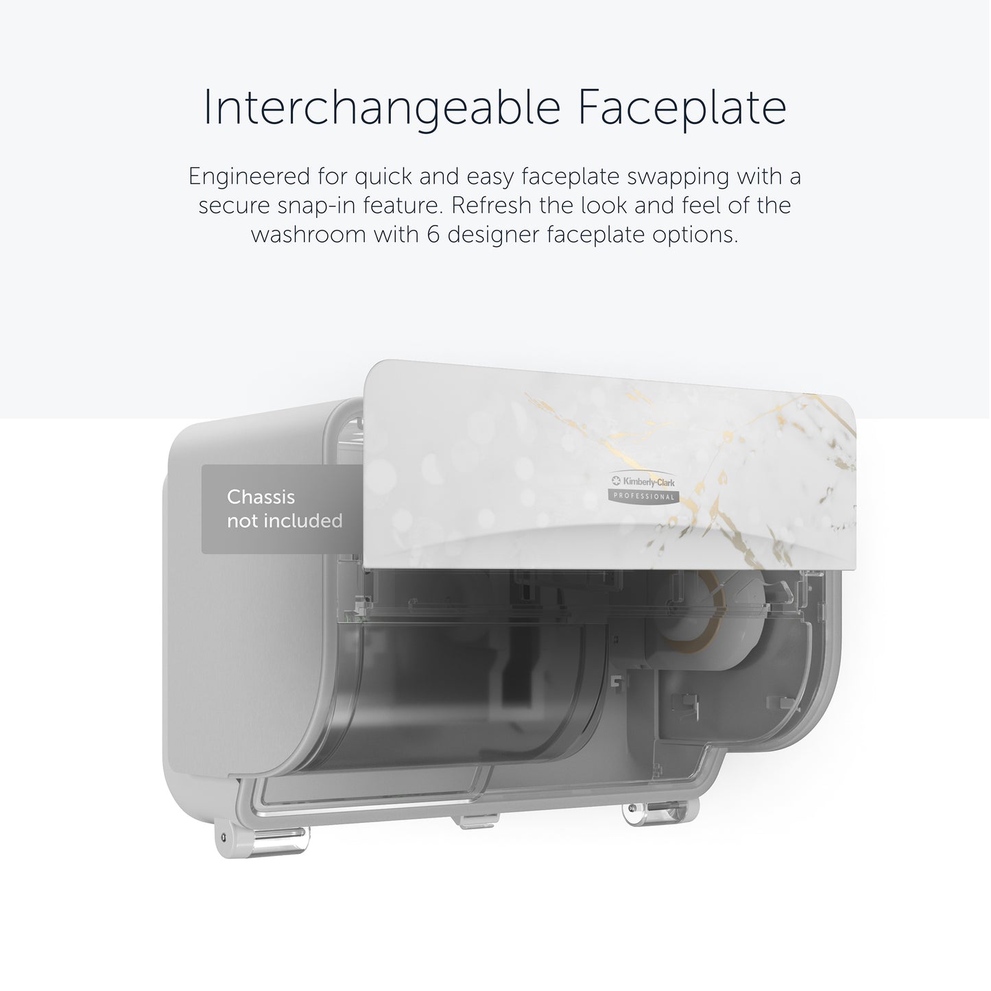 Eine Kimberly-Clark GmbH Icon™ Dispenser Faceplate-SRBH in einem Marmormuster ist teilweise transparent abgebildet und hebt das haltbare, austauschbare Snap-in-Design hervor (32,39x10,80x3,18 cm). Chassis nicht enthalten.