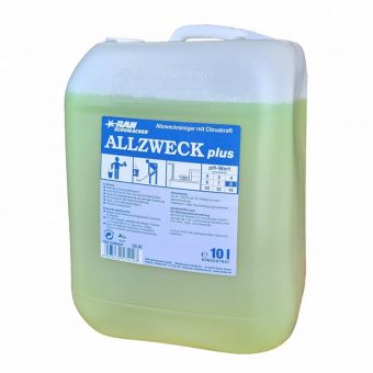 Ein durchsichtiger 10-Liter-Kanister GastroPower GV Allesreiniger (Abena Re-Seller GmbH), gefüllt mit gelb-grüner Flüssigkeit, trägt einen weißen Deckel und ein Etikett mit Piktogrammen, deutschem Text und umweltfreundlichen Hinweisen für den Einsatz in der Gastronomie.