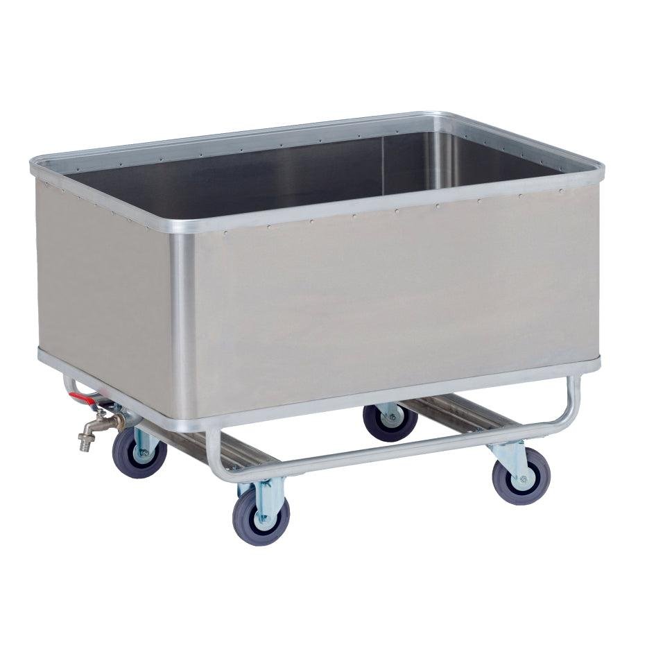 De Novocal transportcontainer is een rechthoekige aluminium, waterdichte wagen met vier blauwe zwenkwielen en een aftapkraan, ideaal voor het industrieel of commercieel veilig hanteren van vloeistoffen. Verpakking: 1 stuk. Merk: Novocal.