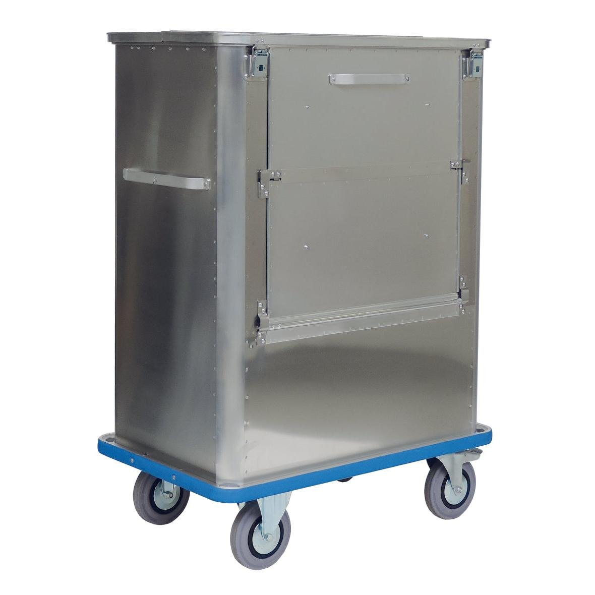 De Novocal transportcontainer van aluminium met inklapbare voorwand, scharnierend deksel en handgrepen biedt veilige goederenvervoer in industrie of geneeskunde; de robuuste wagen heeft vier zwenkwielen en een blauwe bodem. Verpakking: 1 stuk.