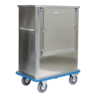 De Novocal transportcontainer is een robuuste, rechthoekige aluminiumcontainer met een opklapbare voordeur, scharnierend deksel, blauwe bodem en vier grijze zwenkwielen. Twee zijhandgrepen maken het transport eenvoudig. Verpakking: 1 stuk.