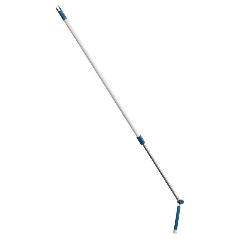 De TELESCOOPSTEEL, STAALBUIS WIT MET HOEKGEWRICHT, UITSCH. 2000MM van Haug Bürsten KG is een langsteel reinigingsgereedschap met verstelbare stalen handgreep en gehoekt gewricht - perfect voor het bereiken en reinigen van nauwe of moeilijk bereikbare plekken.