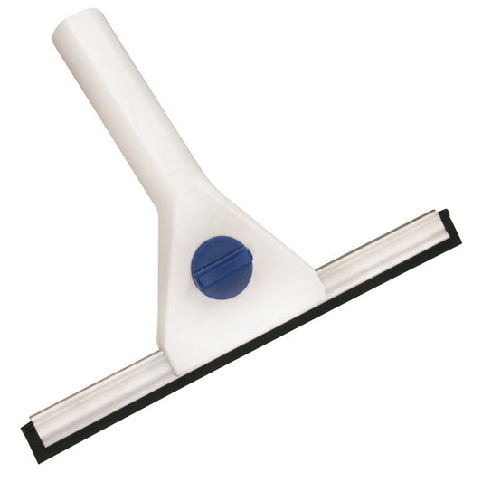 Der FENSTERWISCHER, WEIß MIT SPEZIALGUMMILIPPE von Haug Bürsten KG mit weißem Korpus, schwarzer Spezialgummilippe und blauem Zentralverstellknopf - auf weißem Grund - ist ideal für streifenfreie Sauberkeit.