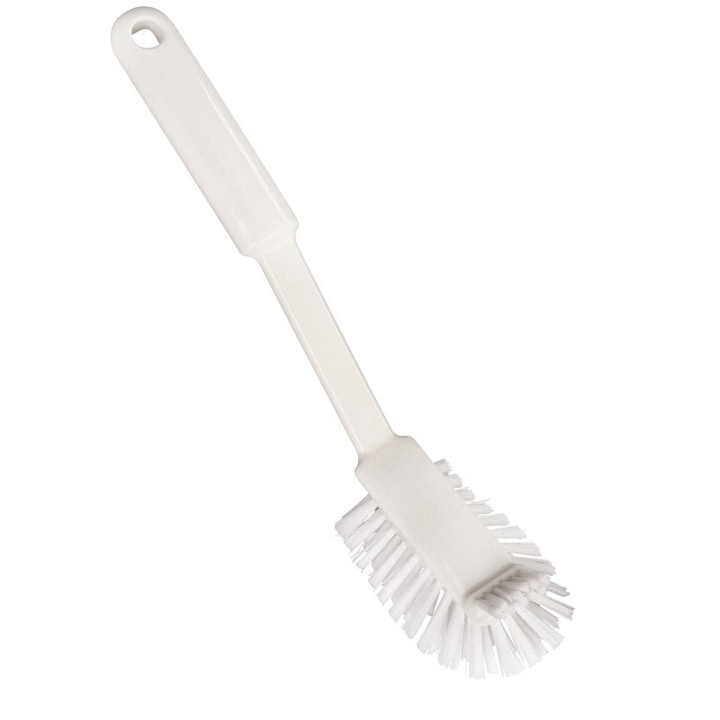 De ZACHTE KRATSBORSTEL van Haug Bürsten KG is een witte Nylon 6.6 afwasborstel (ø 0,40mm, middel) met lange steel en ophanggat, ideaal voor de zachte reiniging. Afmetingen: 275x60x20 mm.