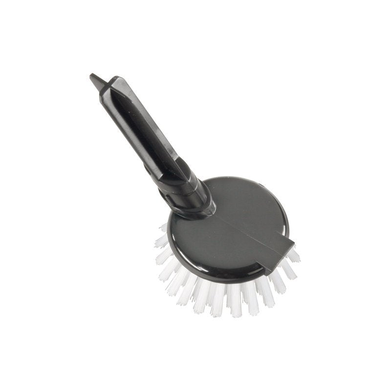 Een zwart-grijze afwasborstel van Haug Bürsten KG, met een witte VERVANGENDE KOP ROND met PBT ø0,35MM middel voor Art. 15090/15190/15390 en een gebogen handvat met ophanggat, ideaal als schoonmaakapparaat voor uw keuken.