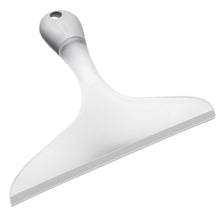 Der Haug Bürsten KG SOFT-GRIP FENSTERWISCHER, MIT ANGESP.LIPPE, 250MM, WEISS hat ein weiß-silbernes Kunststoffdesign mit breiter Klinge und Aufhängeloch, ideal für streifenfreies Fensterputzen.