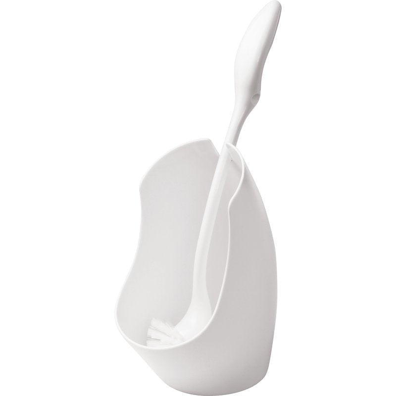 De WC-GARNITUUR MODERN, MET RONDBORSTEL #6420 van Haug Bürsten KG is een witte kunststofgarnituur in modern design met bijpassende houder en rechtopstaande rondborstel - een eenvoudig, praktisch accessoire voor uw badkamer.