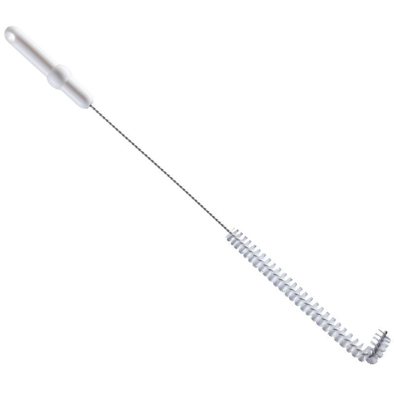 De Haug Bürsten KG BORSTEL L-VORM PBT TRANSP. (ø0,35MM middel, 570xø20x55MM) heeft een lange steel en stijve, aan het einde gebogen borstelharen, perfect voor de precieze reiniging van flessen of smalle containers en andere buisreinigingstaken.