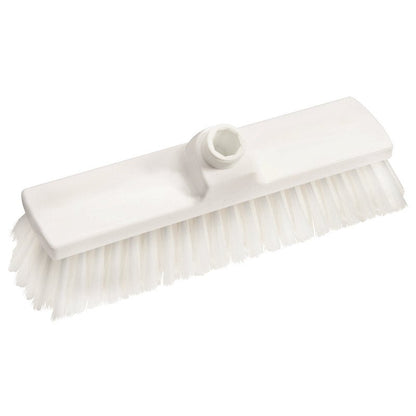 De BEZEM, PBT ZACHT 300X70X50MM, ONGESPLETEN van Haug Bürsten KG is een witte bezem met zachte, in rijen geplaatste borstelharen van PBT en een rechthoekige kop met centrale steelopening. Ideaal voor de effectieve reiniging.