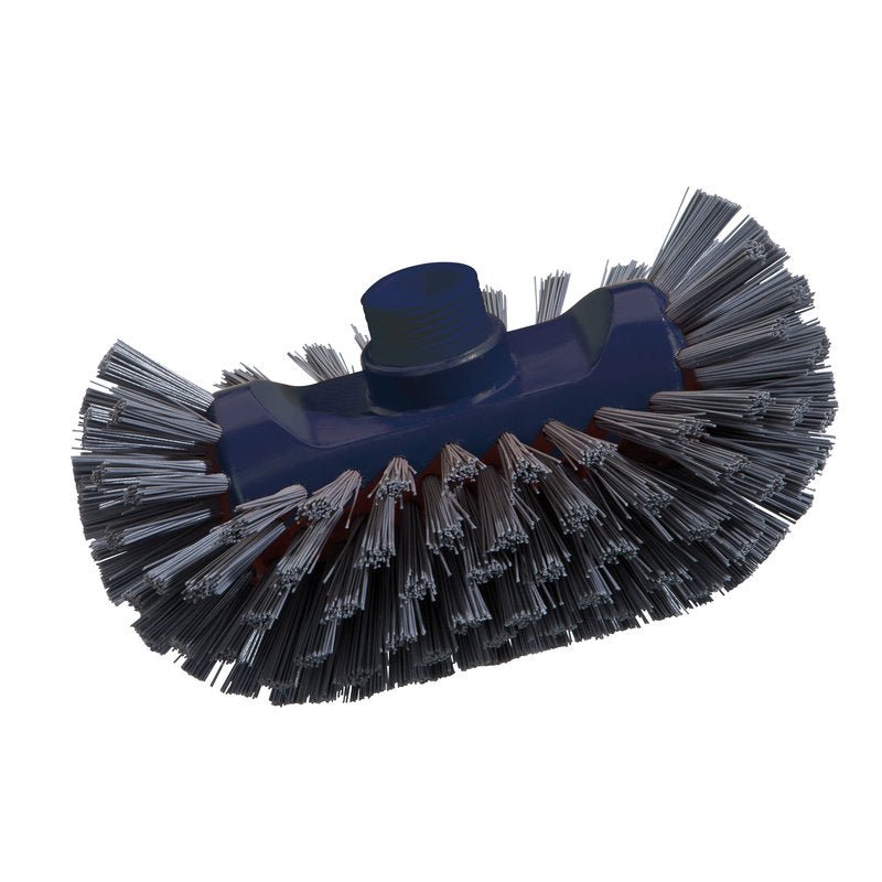 Een close-up van de Haug Bürsten KG METDEC PREM. KETELBORSTEL, PBT grijs/blauw, 200x125x35mm toont dichte, stijve PBT-borstelharen voor industriële reiniging, gelijkmatig verdeeld over een donkerblauwe kop tegen een witte achtergrond.