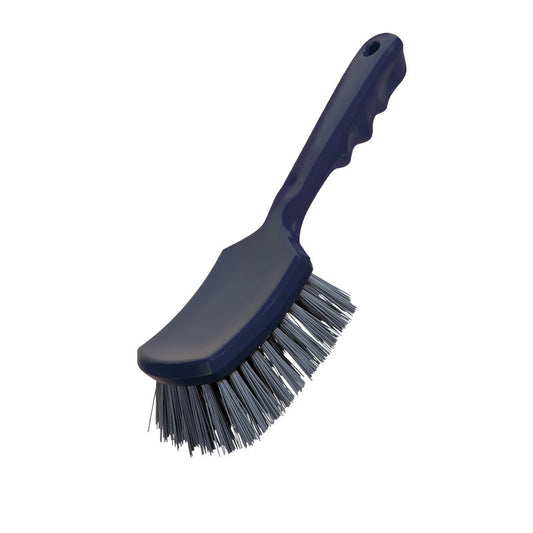 Die METDEC PREM. STIELBÜRSTE von Haug Bürsten KG verfügt über einen dunkelblauen, gebogenen Griff mit Aufhängeloch und steifen grauen PBT-Borsten mit den Maßen 260x72x35mm, isoliert auf weißem Hintergrund dargestellt.