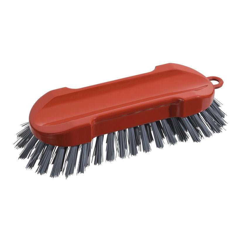 De METAL DETECT WASBORSTEL ROND van Haug Bürsten KG is een grijze, metaaldetecteerbare PBT-handschrobborstel (ø0,60mm, 205x65x30mm) voor de voedingsmiddelenindustrie met een vlak oppervlak, afgeronde randen en geïntegreerd handvat.