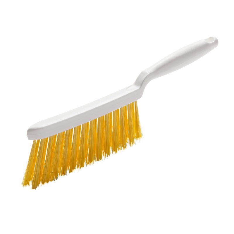 De HANDVEGER, PBT GEEL GESPLITST ø 0,25MM ZACHT, 280X15X50 MM van Haug Bürsten KG heeft een witte handgreep en zachte gele borstels, die op een effen witte achtergrond zijn afgebeeld - ideaal voor betrouwbare reinigingstaken.