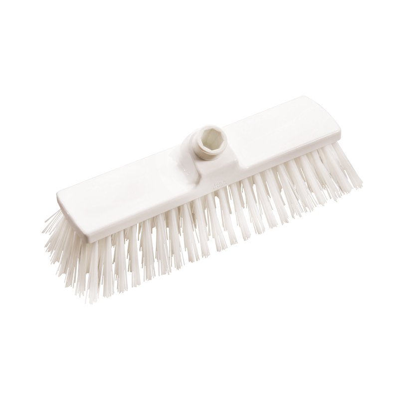 Een BEZEM, PBT HARD 300X70X65MM, ø1,0MM van Haug Bürsten KG: een witte rechthoekige borstelkop met stijve haren en centrale steelbevestiging, afgebeeld op een eenvoudige witte achtergrond.