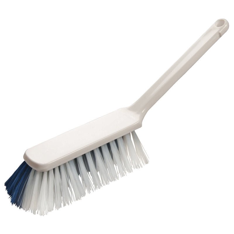 De HANDVEGER van Haug Bürsten KG heeft een witte steel en lange, rechte, witte en blauwe PBT ongespleten borstelharen (ø 0,50/0,25mm) met de afmetingen 310x40x45/50mm, afgebeeld op een eenvoudige witte achtergrond.