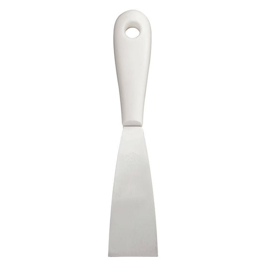 De SPACHTEL MET KUNSTSTOFHANDVAT, ROESTVRIJ STAAL, van Haug Bürsten KG overtuigt met een platte, rechthoekige roestvrijstalen kling, een stevige witte kunststofhandvat en een ophangoog - duurzaam en veelzijdig inzetbaar.