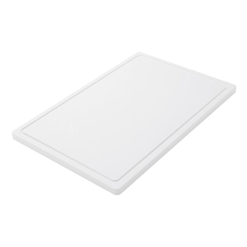 Het Haug Bürsten KG SNIJPLANK GROOT, PE, ANTISLIP, 600X400X20MM is een grote, rechthoekige, witte snijplank met antislip oppervlak en verhoogde rand, schuin afgebeeld tegen een witte achtergrond - ideaal voor dagelijks gebruik in de keuken.