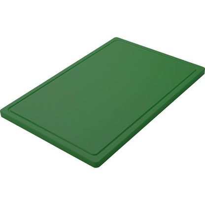 Een groene SNIJPLANK GROOT, PE, antislip (600x400x20mm) van Haug Bürsten KG wordt rechthoekig als deksel gebruikt en vanuit een hoek voor een witte achtergrond gepresenteerd.