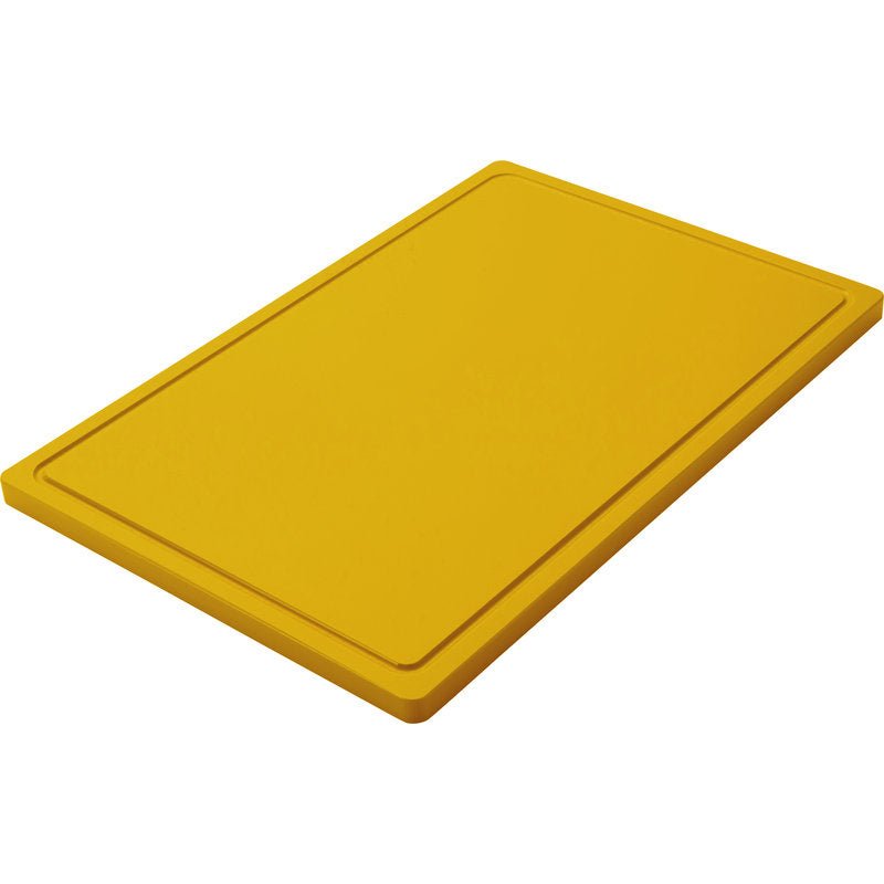 Een grote gele SNIJPLANK GROOT, PE, antislip (600x400x20mm) van Haug Bürsten KG met verhoogde randen en antislip oppervlak, gepresenteerd tegen een witte achtergrond.