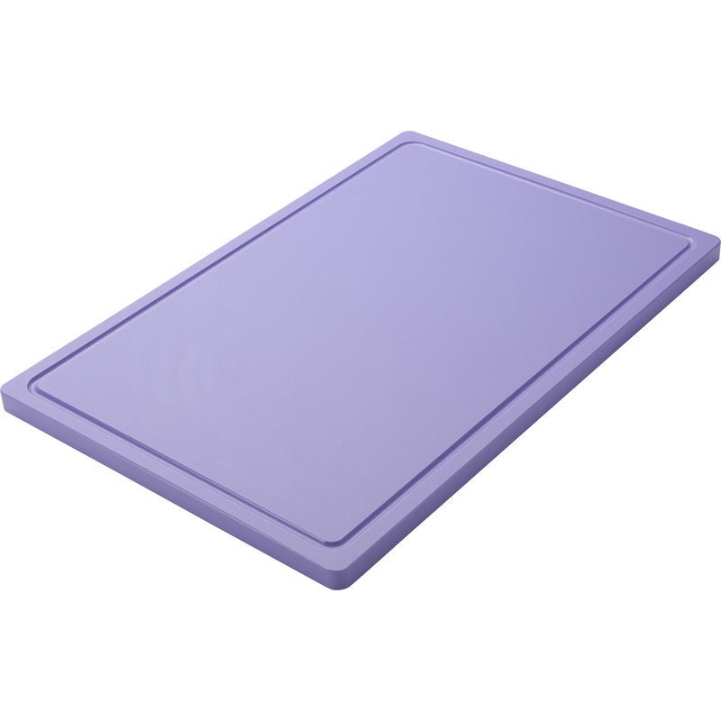 Afgebeeld is een rechthoekige, paarse SNIJPLANK GROOT (600x400x20mm) van Haug Bürsten KG van antislip PE met licht verhoogde rand tegen een witte achtergrond.