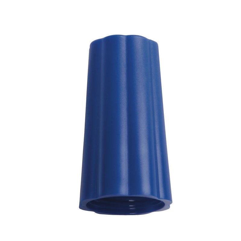 Een blauwe kunststofverbinder met een geribbelde, conische vorm en een holle bodem, vergelijkbaar met de Haug Bürsten KG OVERWERPMOER BUITEN-ø 25MM BLAUW(BENETTON) 74Xø 42MM.