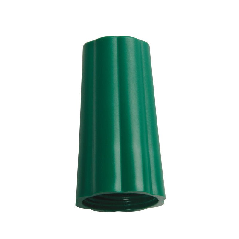 De Haug Bürsten KG SCHROEFMOER BUITEN-ø 25MM GROEN(BENETTON) 74Xø42MM is een praktische groene stekkerverbinding met een geribbelde buitenkant en open schroefdraad, afgebeeld rechtop tegen een witte achtergrond.